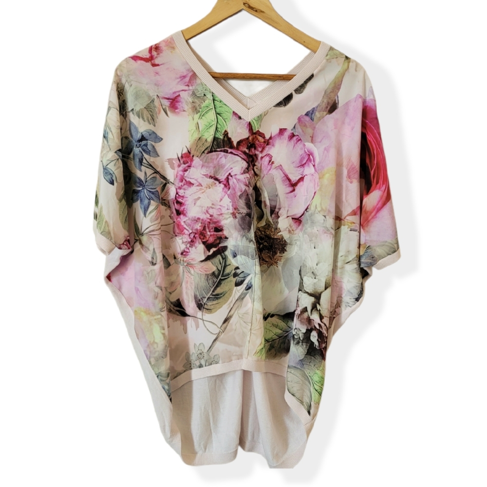 Ted Baker Pastel Floral V-Neck Blouse in Pink, Green, Cream